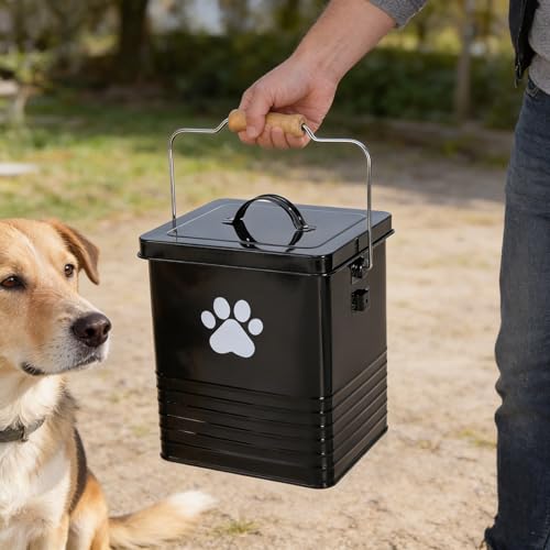 1.85Gal/7L Small Outdoor Trash Can with Lid, Metal Dog Poop Trash Can Outside, Dog Waste Container Bucket Handle(75 Trash Bags Included)-Black