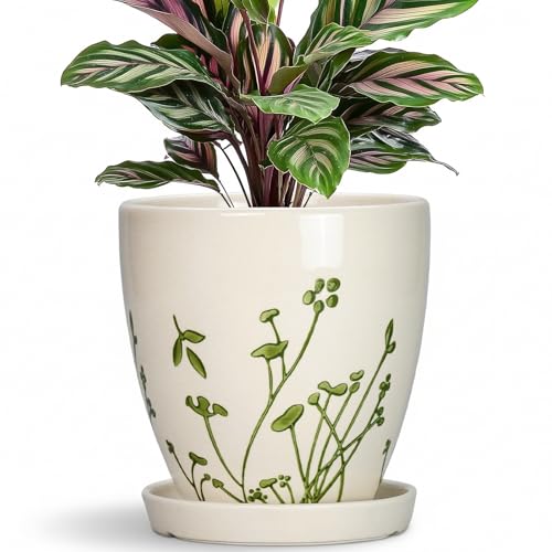 MPotTo 6 Inch Plant Pot, Ceramic Pots for Plants, Grasses White - color: Grasses White, size: 6 Inch