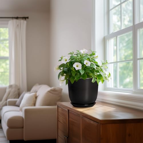 8 Inch Plant Pot, Ceramic Pots for Plants with Drainage, Black - color: Black, size: 8 Inch
