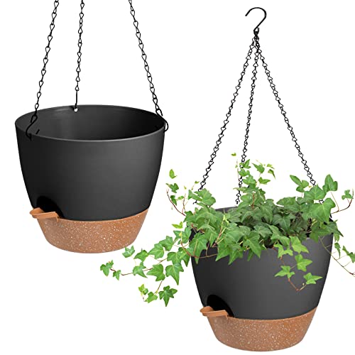 8 Inch Self Watering Hanging Planters for Indoor Outdoor Plants, 2 Pack - color: Black, size: 8''
