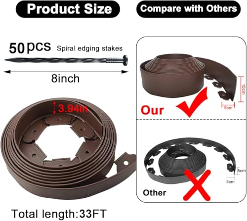 Landscape Edging 33ft,Garden Edging Borders[Extra Tall 4IN ] Flexible Lawn Edging Kit with Total 50pcs Spikes, Heavy Duty Landscaping Edge Plastic Fence for Tree Yard Grass Flower Bed -Brown - color: Brown, size: 4IN x 33 FT