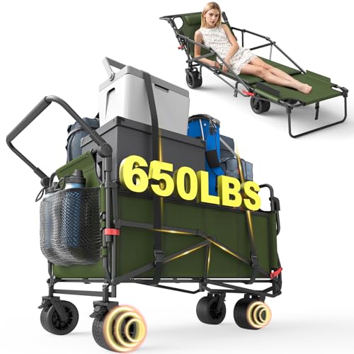 LEVELEVE Heavy Duty Folding Wagon - 2-in-1 Collapsible Cart, All-Terrain Wheels w/Brakes & Side Pockets (Army Green,650lb Capacity) - color: Army Green, size: Large