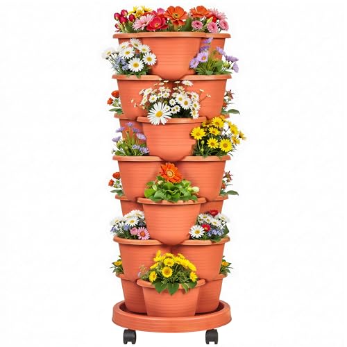 VECELO 7 Tier Vertical Garden Planter, Self Watering Stackable Planters with Wheels for Strawberries, Herbs, Flowers, Vegetables, Red - color: Red, size: 7 Tier