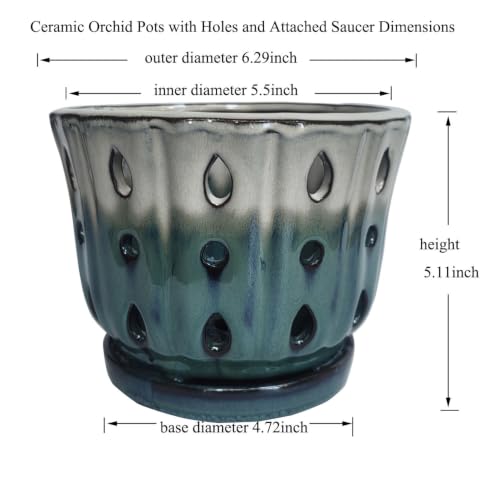 Ceramic Orchid Pot with Holes 6'' Orchid Planter (cream over turquoise) - color: Cream Over Turquoise