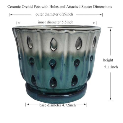 Ceramic Orchid Pot with Holes 6'' Orchid Planter (cream over turquoise) - color: Cream Over Turquoise