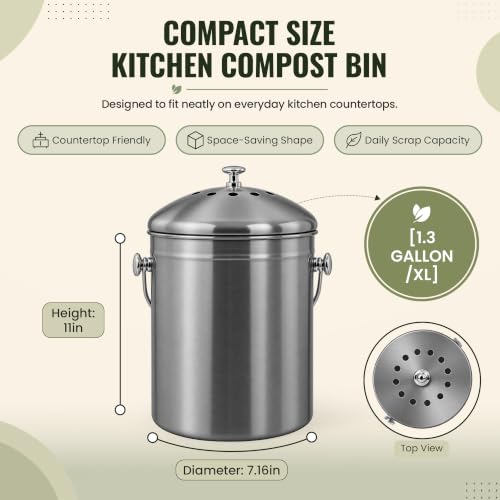 Epica Kitchen Compost Bin for Kitchen Countertops, 1.3 Galllon - Grey - color: Gray