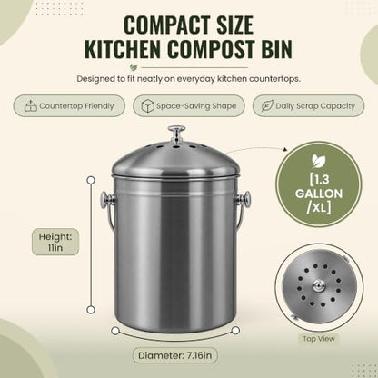 Epica Kitchen Compost Bin for Kitchen Countertops, 1.3 Galllon - Grey - color: Gray