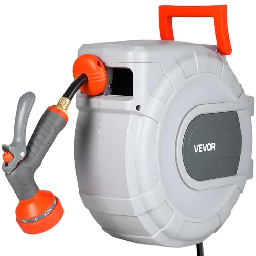 VEVOR Retractable Garden Hose Reel, 1/2 in x 50 ft, Wall Mounted Hose Reel with 9-Function Sprayer Nozzle and 180° Swivel Bracket, Any Length Lock, Automatic Slow Rewind System, for Garden Watering - size: 1/2 in x 50 ft
