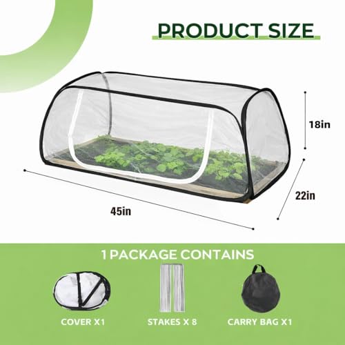 2Pack 45''x22''x18'' Pop Up Raised Garden Bed Cover -Instant Plant Protection Against Bird, Pests & Squirrel，Plant Net Cover for Raised Bed with Zipper Door for Protecting Vegetable Row