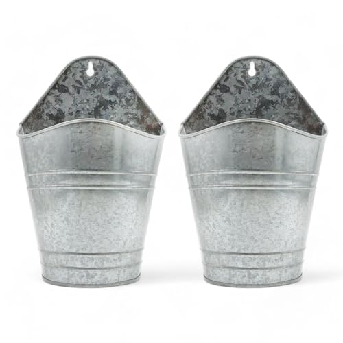Hosley Set of 2 Galvanized Wall Planters, 10 Inch Hanging Metal Buckets for Indoor Outdoor Garden, Farmhouse Wall Decor, Rustic Patio & Balcony Planter Pots - size: 10"H * 2 count