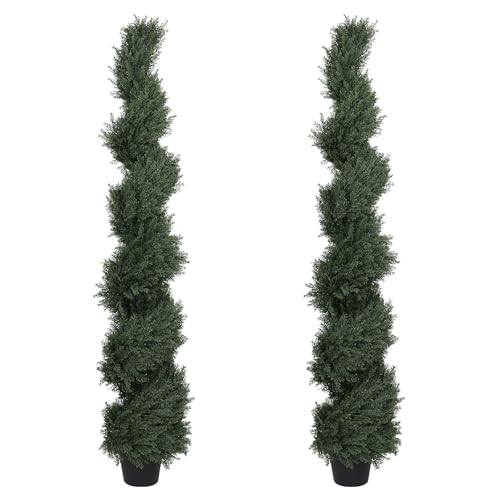 THE BLOOM TIMES 5ft Tall Spiral Topiary Trees Artificial Outdoor Set of 2 - color: Cedar Dark Green, size: 5ft