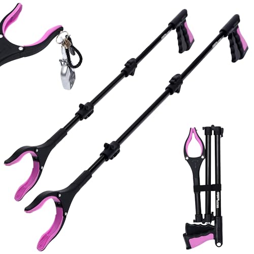 38" & 44" Extra Long Grabber Reacher Tool – 2 Pack Foldable Reacher Grabber Pickup Tools with 360° Rotating Jaw for Seniors, Hard-to-Reach Areas, Ergonomic Grip & Lightweight Design（Pink） - color: Pink
