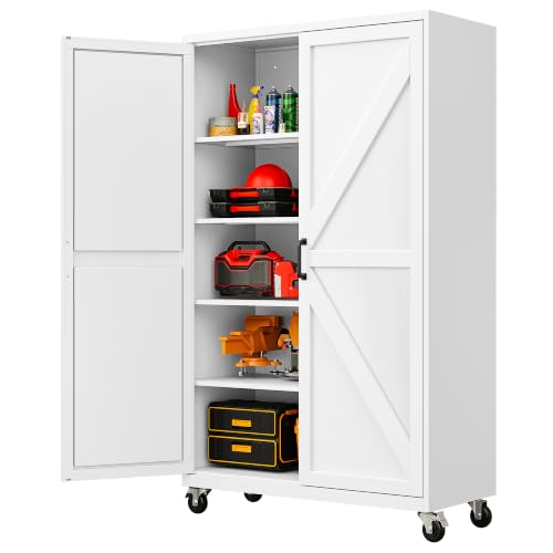 SISESOL Wide & Deep Metal Storage Cabinet with Wheels,Tall Rolling Garage Storage Cabinet with Doors,White Metal Cabinets and Adjustable Shelves,Tool Locker for Garage,Home,Office,43''Wx 20''Dx71 H - color: White, size: 71"H x 43.3"W x 20"D