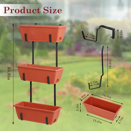OYEAL Hanging Flower Pots for Railing Fence Outdoor Window Boxes Planter with Adjustable Hooks, Set of 2 Deck Rail Planters with 6 Detachable Plastic Planter Boxes, Drainage Holes, Brick Red - color: Brick Red