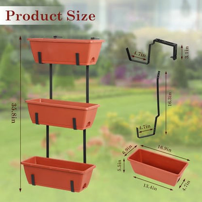 OYEAL Hanging Flower Pots for Railing Fence Outdoor Window Boxes Planter with Adjustable Hooks, Set of 2 Deck Rail Planters with 6 Detachable Plastic Planter Boxes, Drainage Holes, Brick Red - color: Brick Red