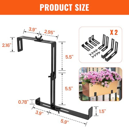 4 Pcs Adjustable Window Box Brackets, Universal Steel Hanging No Drill Planter Flower Box Brackets for Deck, Window Sill, Balcony, Fences, Patio - size: 4 Pcs