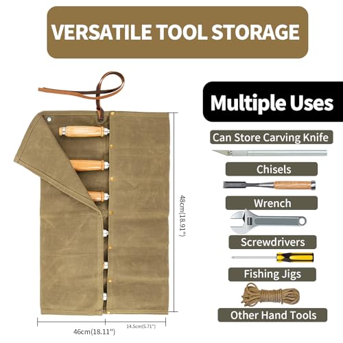 Chisel Roll, 6 Pockets Roll Up Tool Pouch, Waxed Canvas Small Tool Roll - color: Khaki