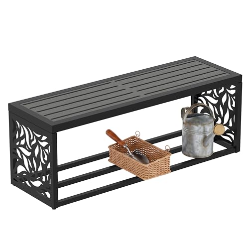 47" Outdoor Storage Bench, HDPE Seat, Steel Frame, Leaf - style: Willow leaves