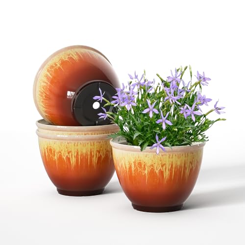 4 Pack Glazed Plant Pots, 8 Inch Modern Planters with Drainage Hole - color: Orange Glaze