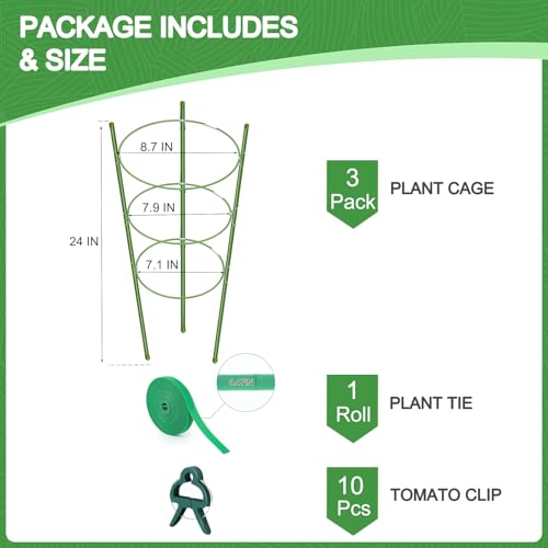 KLS 3 Pack Tomato Cage for Pots Plant Support, Upgrade 24 Inches Tomato Cages for Garden, Pepper Cage Trellis Kit with Plant Tie and Clips (24") - size: 24"