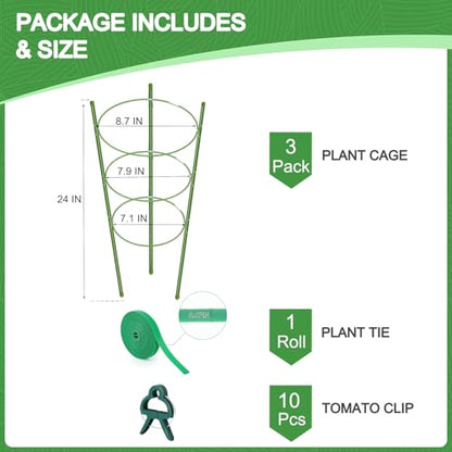 KLS 3 Pack Tomato Cage for Pots Plant Support, Upgrade 24 Inches Tomato Cages for Garden, Pepper Cage Trellis Kit with Plant Tie and Clips (24") - size: 24"