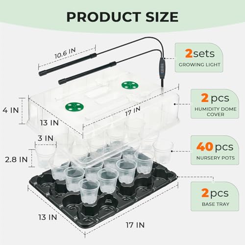 homenote 2 Pack Seed Starter Trays with Grow Lights and 40 3 Inch Pots - size: 3 Inch, style: 2 Pack Tray+Pots+Dome+Grow Light