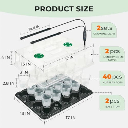 homenote 2 Pack Seed Starter Trays with Grow Lights and 40 3 Inch Pots - size: 3 Inch, style: 2 Pack Tray+Pots+Dome+Grow Light