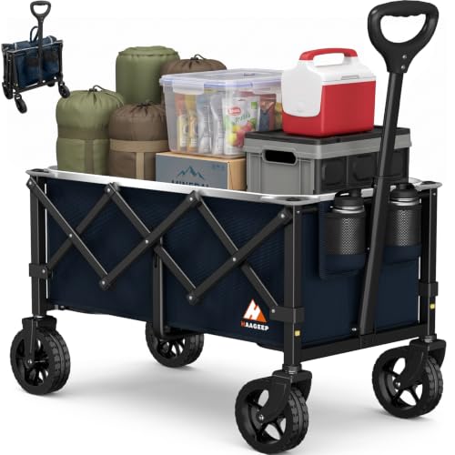 Collapsible Wagon Cart with Wheels & Reflective Stripe 280lbs Heavy Duty - color: Navy Blue, size: Medium