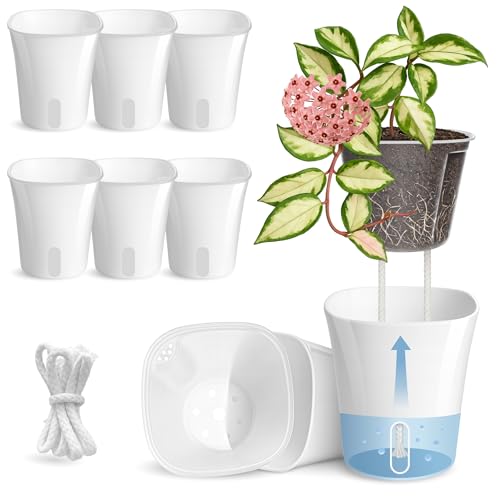 8 Pack 4" Self Watering Pots for Indoor Plants, Clear Inner Cup, Small White Plastic Planters, Water Level Indicator, Drainage Holes, Extra 3ft Wick, Cuttings,Seedlings,Herb,African Violets - color: Arctic White, size: 4" (8 Pack)