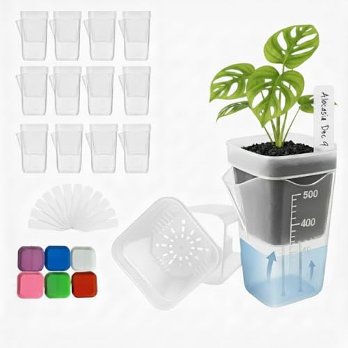 Self watering pots for indoor plant.Clear nursery pots with drainage.12 sets of 5-inch transparent flower pots with cotton cores and water level markers. Free 12 labels and trays. (12, outsize) - size: Extra Large