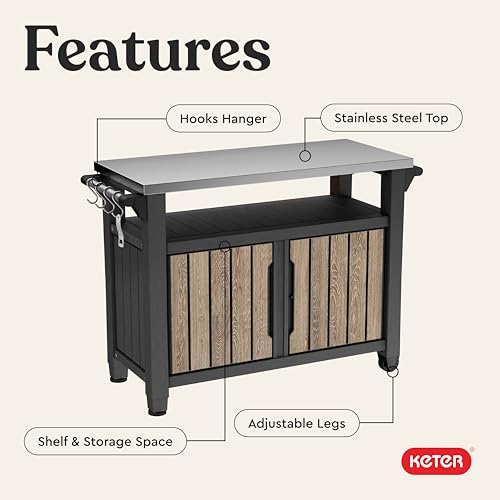 Keter Unity XL Outdoor Entertainment Cart with Wood‑Look Finish, 78‑Gallon Patio Storage Cabinet, Food Prep Station, Stainless‑Steel Top for BBQ, Grill, Patio, Deck & Backyard, Ashwood - color: Ashwood