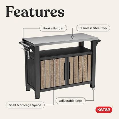Keter Unity XL Outdoor Entertainment Cart with Wood‑Look Finish, 78‑Gallon Patio Storage Cabinet, Food Prep Station, Stainless‑Steel Top for BBQ, Grill, Patio, Deck & Backyard, Ashwood - color: Ashwood