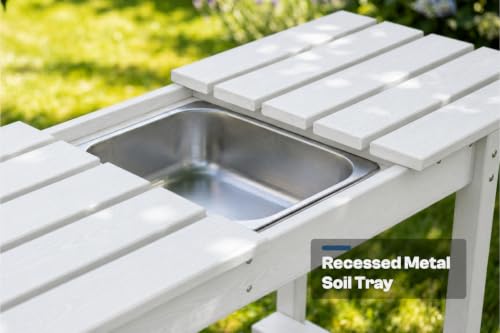 All-Weather HDPE Outdoor Potting Bench 2-Piece Set with Removable Sink, Expandable Gardening Work Station with Sliding Tabletop, Built-in Wheels, Heavy Duty Planting Table, White