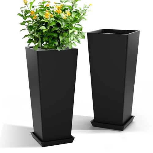 TUYOHW 24 Inch Tall Tapered Square Planters (Set of 2) - Indoor Outdoor Large Flower Pots with Built-in Drainage & Matching Water Tray for Patio, Garden, Home - Black - color: Black