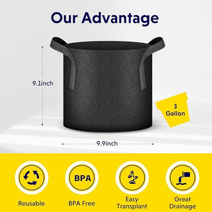 iPower Plant Grow Bag 3 Gallon 20-Pack Heavy Duty Fabric Pots, 300g Thick Nonwoven Fabric Containers Aeration with Nylon Handles, for Planting Vegetables, Fruits, Flowers, Black - color: Black, size: 20pack