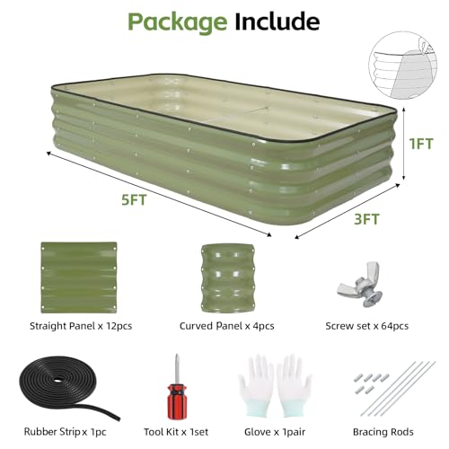 4-in-1 Modular Raised Garden Bed Kit - Adjustable Sizes (5x3x1ft, 4x4x1ft, 6x2x1ft, 7x1x1ft) - Heavy Duty Galvanized Steel Planter Box with Bracing Rods & Gloves for Vegetables, Fruits - color: Green, size: 5×3×1FT