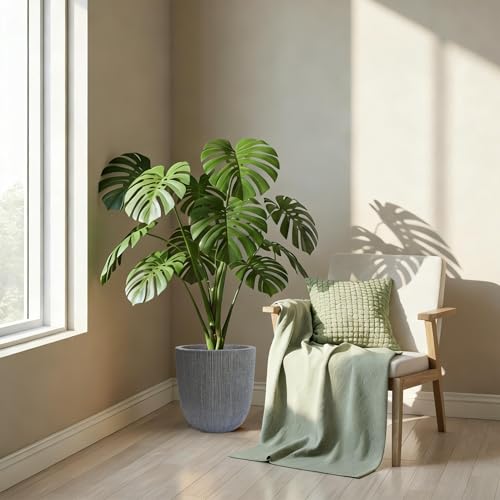 12.4"H Tapered Ribbed Lightweight Plastic Planter w/ Drainage Hole & Plug - color: Mediterranean Gray., size: 12.4in