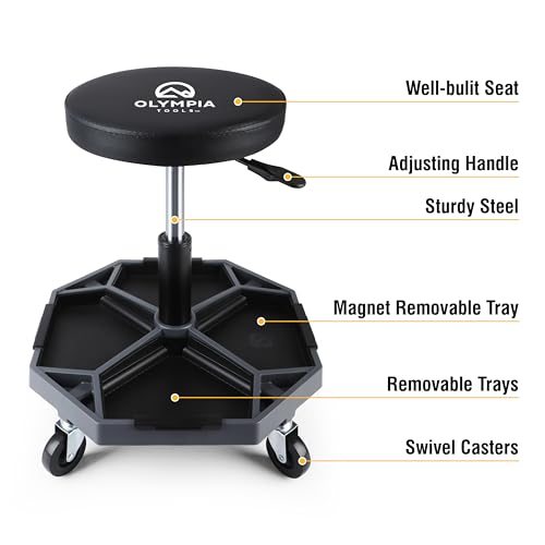 Olympia Tools Adjustable Hydraulic Rolling Mechanics Stool with with Removable Tool Tray, 300lbs Max Weight Capacity, 419-110-1002 - style: Round