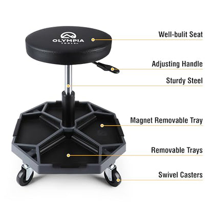 Olympia Tools Adjustable Hydraulic Rolling Mechanics Stool with with Removable Tool Tray, 300lbs Max Weight Capacity, 419-110-1002 - style: Round
