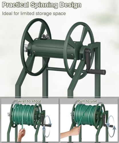 4-Spike Garden Hose Reel with 3.9ft Leader Hose & Stainless Fitting, Outdoor Hose Holder holds 125ft Hose of 5/8", Freestanding Metal Hose Stand for Outside Yard Lawn, Green - color: Green
