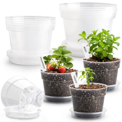 10/8/6 Inch Clear Plant Pots with Drainage Hole 12 Pack, Transparent Sturdy Plastic Nursery Pots with Saucers, Plant Label, Gardening Gloves, Plant Starter Pots for Planting Seed Herb Vegetable Flower - size: 10/8/6 Inch-12P