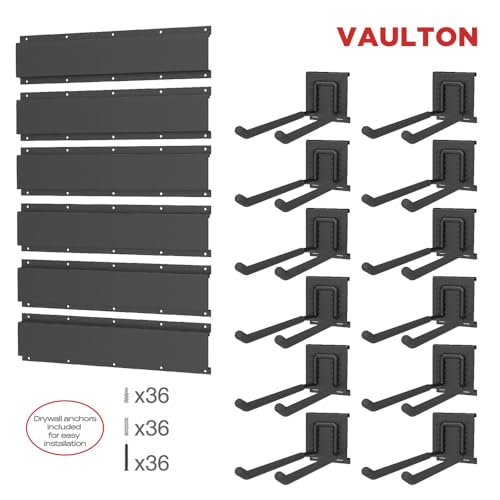 VAULTON 96" Garage Wall Organizer, Steel Tool Rack, 6 Rails 12 Double Hooks - size: 18-Piece Set (6 Rails, 12 Hooks)