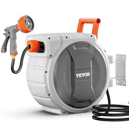 VEVOR Retractable Garden Hose Reel, 1/2 Inch x 145 ft Wall Mounted Hose Reel, Heavy Duty Garden Hose Reel with 9 Patterns Nozzle, Any Length Lock, Upgraded Slow Return System and 180°Swivel Bracket - size: 1/2 in x 145 ft