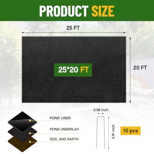 Fanfanwin 20 x 25 ft Pond Liner Underlayment with 10 U-pins, 6oz, Black - color: Black, size: 20X25 Feet, style: Square