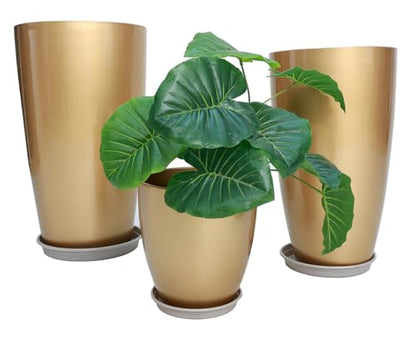 24,21,11 Inch Large Plastic Planters with Drainage Hole and Saucer - Set of 3 Tall Plant Pots Indoor Flower Pot Tall Round Planters Outdoor Large Tall Planter - color: Golden