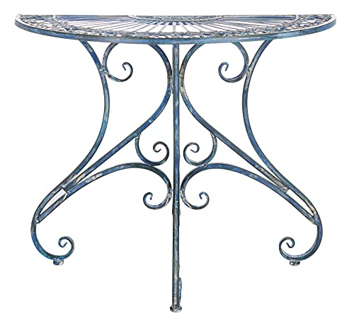 SAFAVIEH Outdoor - Annalise Half-Moon Accent Table - Mossy Blue Iron Metal - Vintage Baroque Scrollwork - Ideal for Patio, Deck, Porch, Garden, 35.5" W x 18.5" D x 29" H (PAT5008C) - color: Mossy Blue