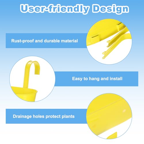 uxcell Rail Planter for Outdoor Plants, 4 Pcs 11" Iron Wall Hanging Planters Fence Railing Balcony Planters with Drainage Holes and Detachable Hooks, Yellow - color: Yellow