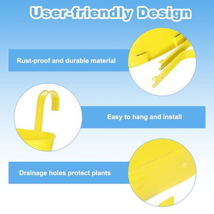 uxcell Rail Planter for Outdoor Plants, 4 Pcs 11" Iron Wall Hanging Planters Fence Railing Balcony Planters with Drainage Holes and Detachable Hooks, Yellow - color: Yellow