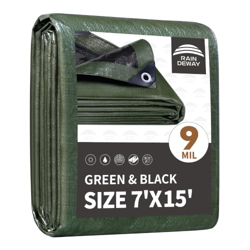 RAINDEWAY 7x15 Feet Tarp Waterproof,9Mil Green/Black Poly Tarps Cover - color: Green/Black, size: 7x15 Feet-Finished size