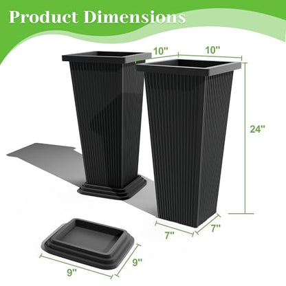 FENCY Set of 2 Tall Planters for Outdoor Plants, Black Ribbed - color: Black-square Ribbed